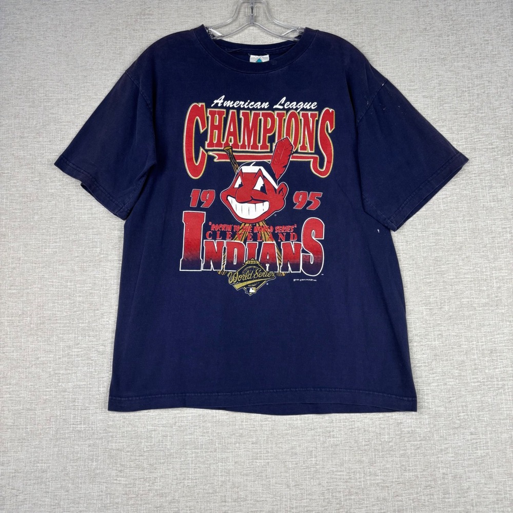 Vintage 1995 Cleveland Indians American League Champions T-Shirt Navy Large MLB